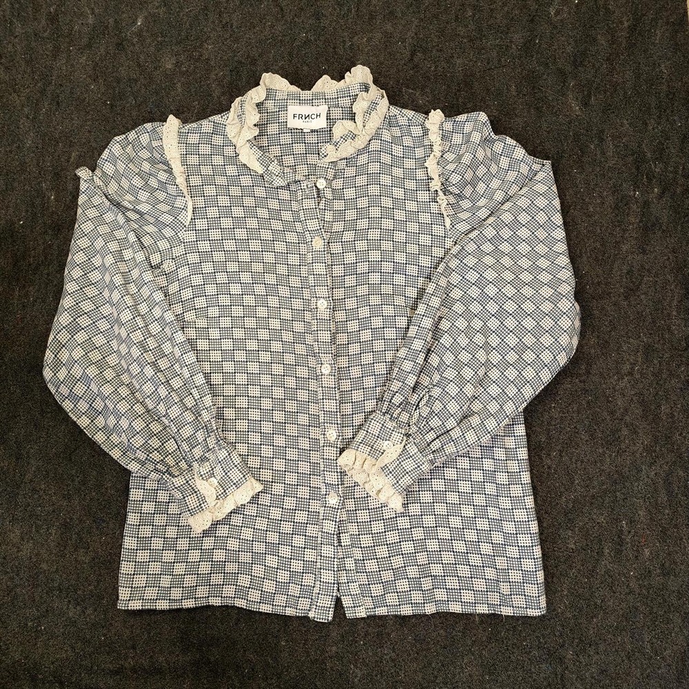 Fruch Paris Blue White Checkered Lace Trim Ruffle Blouse Cotton Small